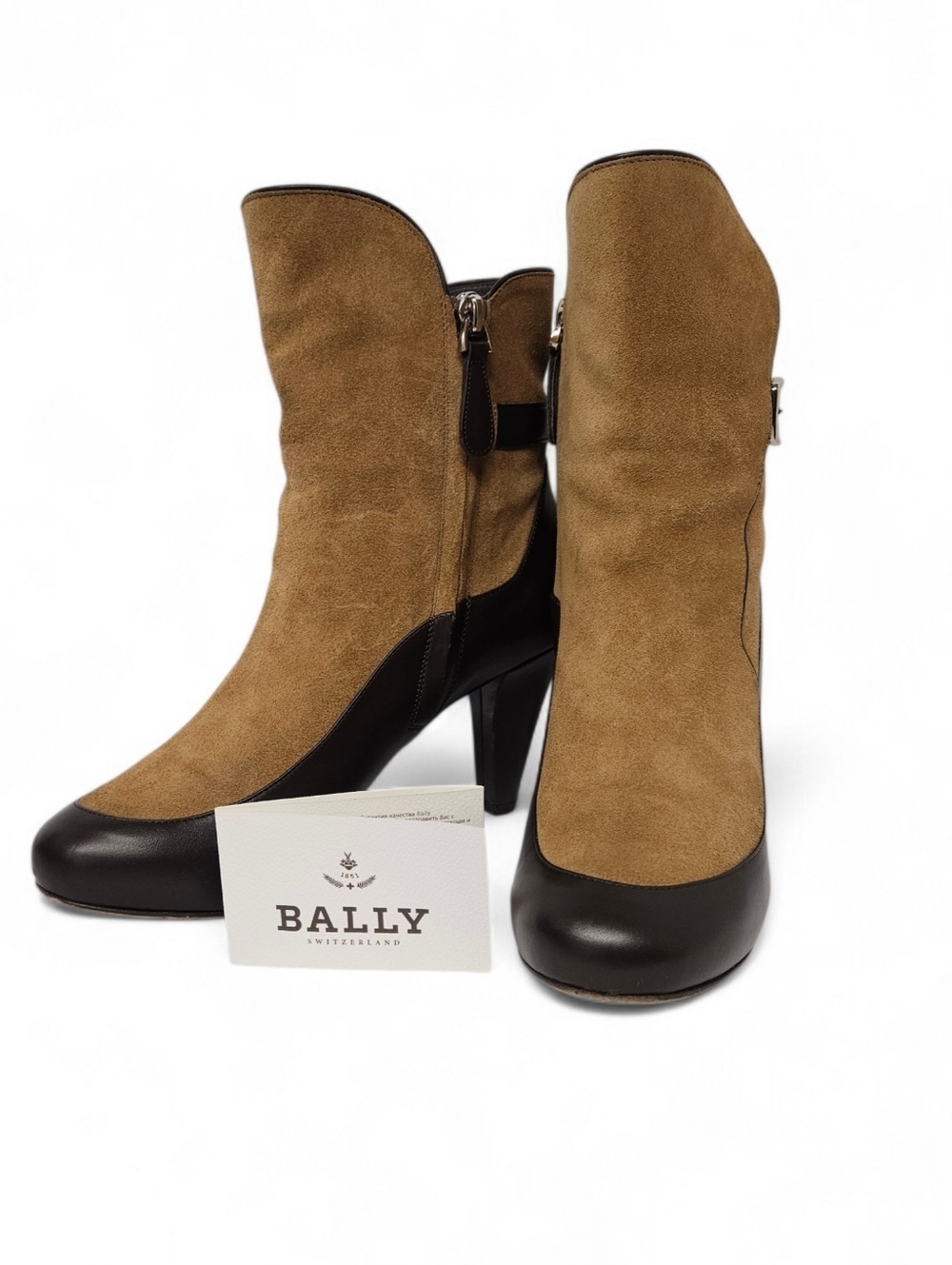 Bally Chanya Suede And Leather Heel Boots In Tan And Brown US Sz 6 EU Sz 36.5